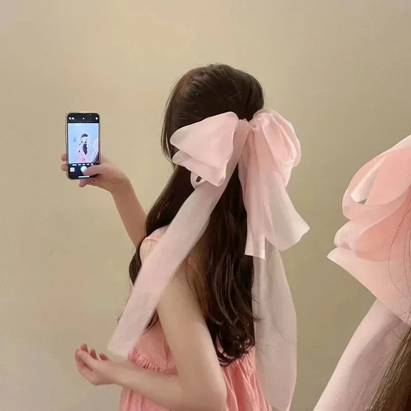 Ethereal Large Bow Hair Clip with Long Ribbon Tails Spring Clip for Back of Head Elegant Women's Hair Accessory Fairy Core