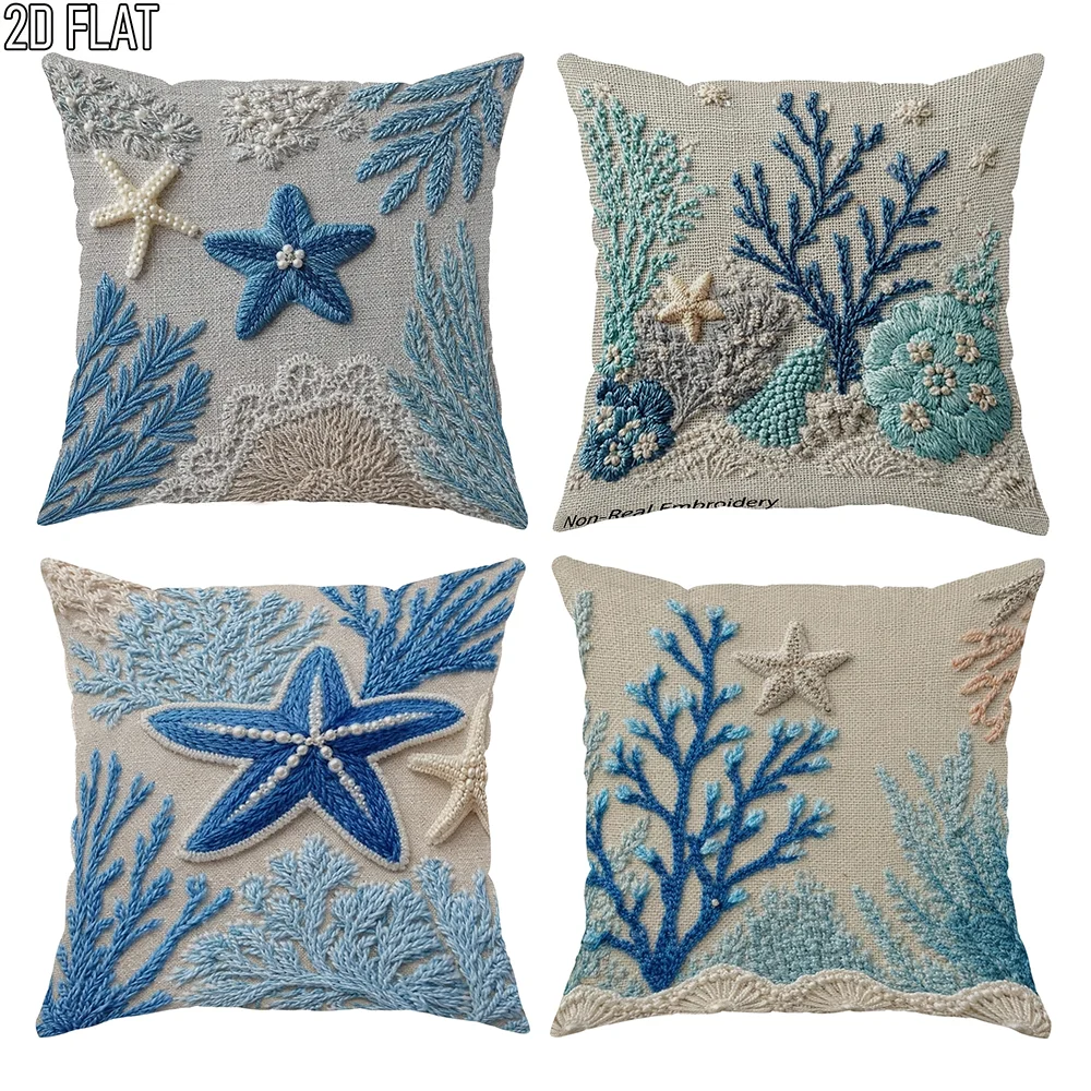 1/4pcs Coastal Ocean Themed Throw Pillow Covers, Starfish Coral Beach Style Cushion Cases for Home Decor 1