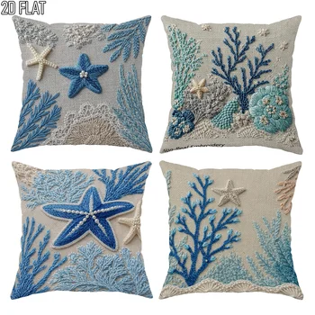 1/4pcs Coastal Ocean Themed  Throw Pillow Covers, Starfish Coral Beach Style Cushion Cases for Home Decor 1