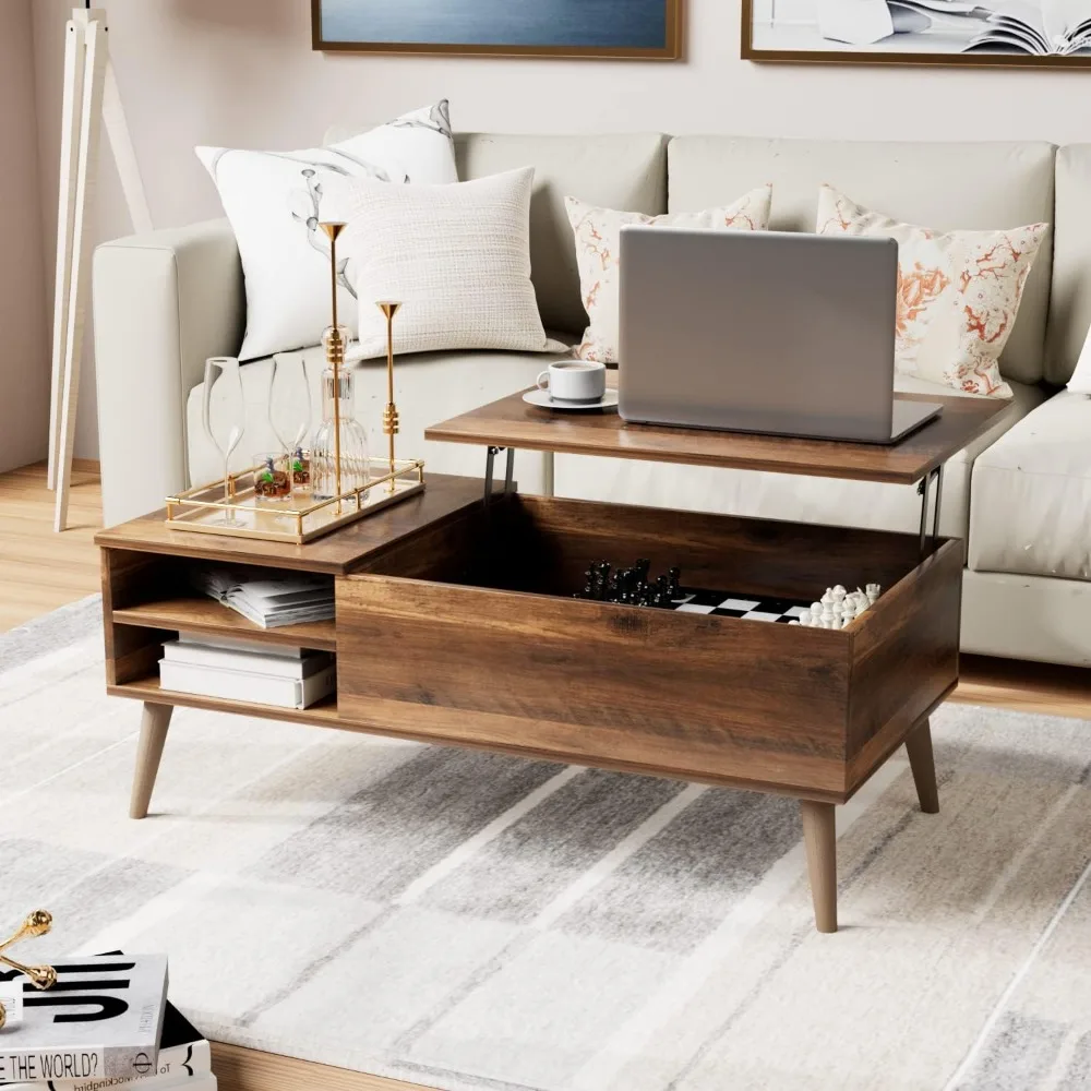 Wood Lift Top Coffee Table with Hidden Compartment, Storage Shelf and Metal Frame, Café Tables 4