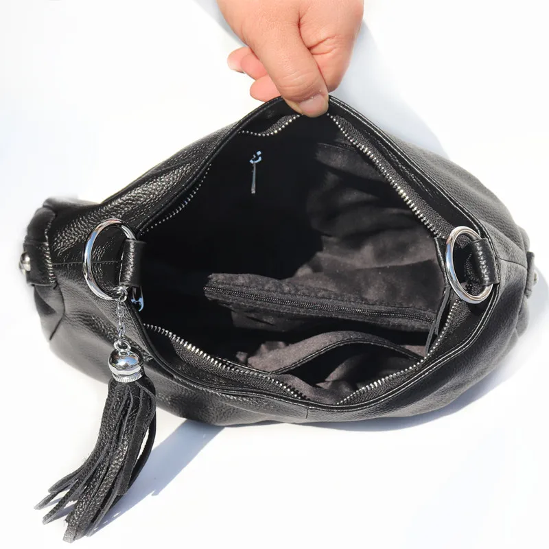 Casual Designer Women's Genuine Leather Tassel Handbags Lady Shoulder Bag Soft Cowhide Satchel Black Messenger Crossbody Purse