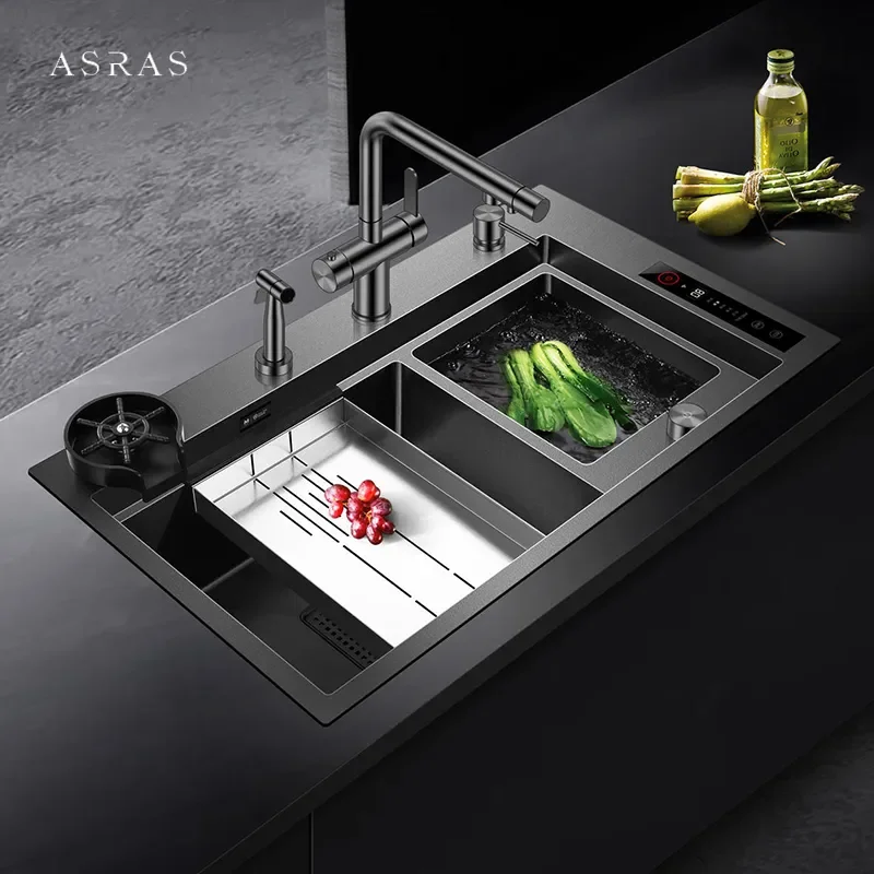 ASRAS Ultrasonic Smart Purifying Kitchen Island Sinks 4mm Panel Handmade Double Sink Nano Smart Purifying Sinks