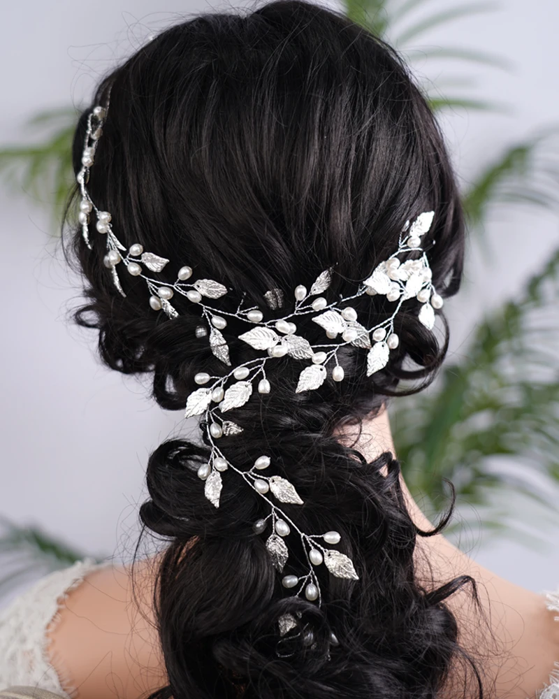 Vintage Bridal Handmade Leaf Pearls Vine Headband Bride Headpiece Silver Rose-Gold Woman Hair Accessories For Wedding Banquet hair accessories bridal hair accessories bridal jewelry set