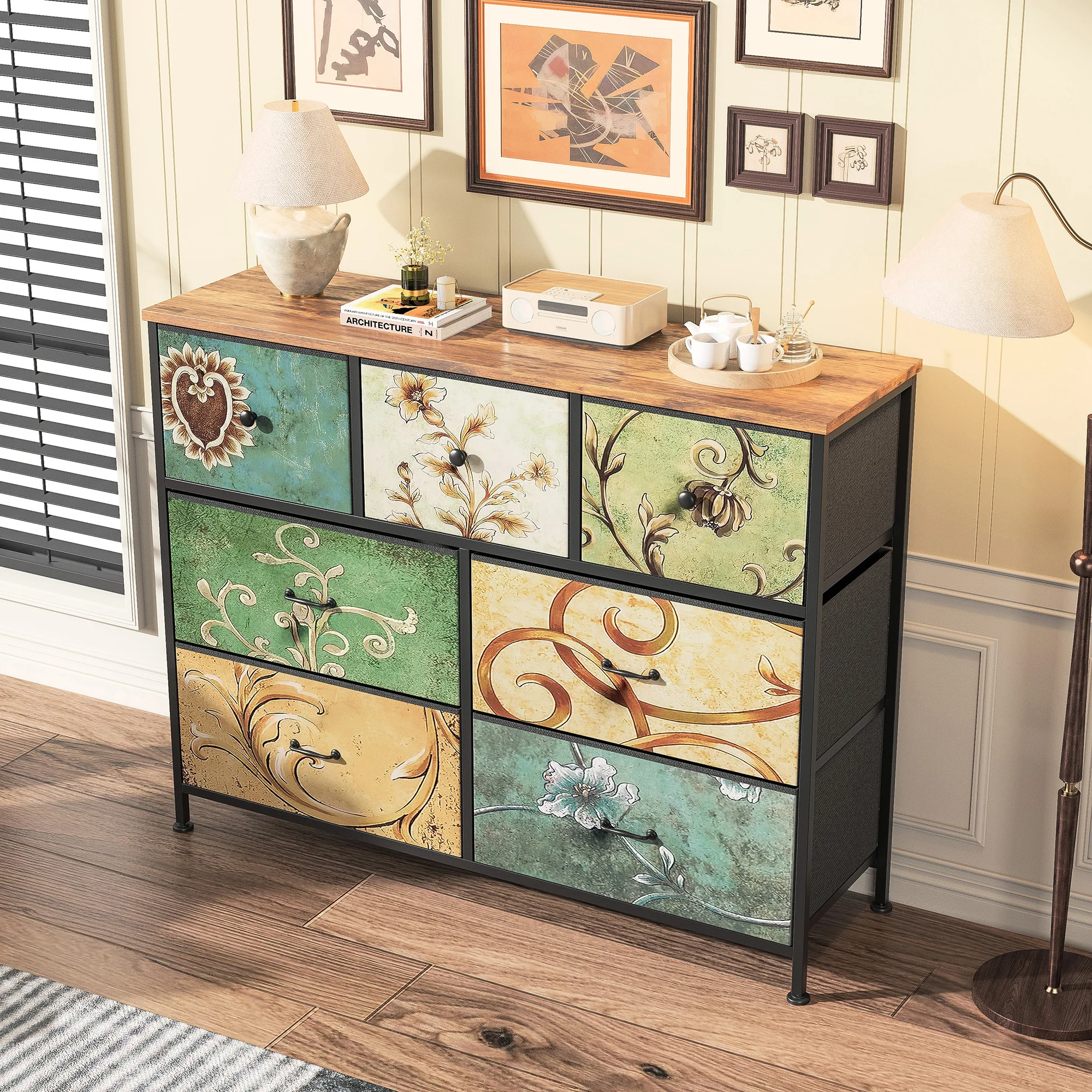 Comanlai Kommode mit 7 Schubladen aus Stoff, Schmaler Schminktisch, Aufbewahrungsschubladen, Bohemian Schlafzimmer-Aufbewahrungsschrank – Detail 11