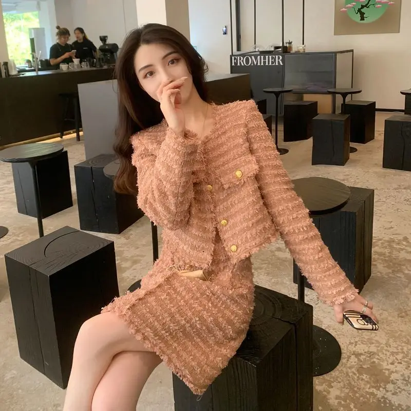 

High Sense Elegant Suit Jacket Skirt Set 2023 Spring and Autumn Tweed Slimming Age-reducing Suit Coat Top Dress Two-piece Set