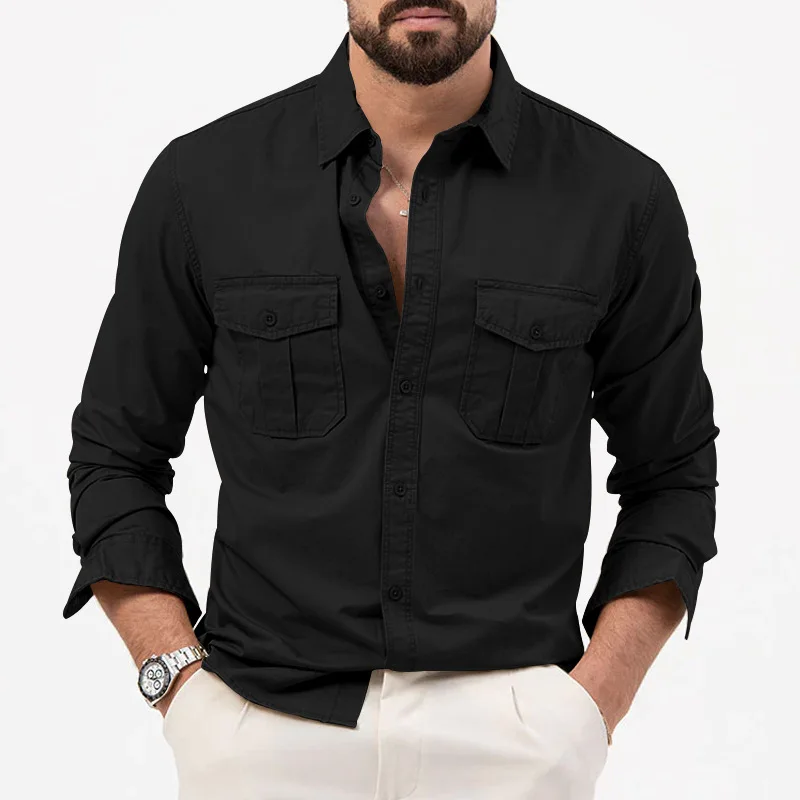 2024 summer Europe and the United States vintage cargo men's advanced multi-pocket solid color leisure sports long-sleeved shirt