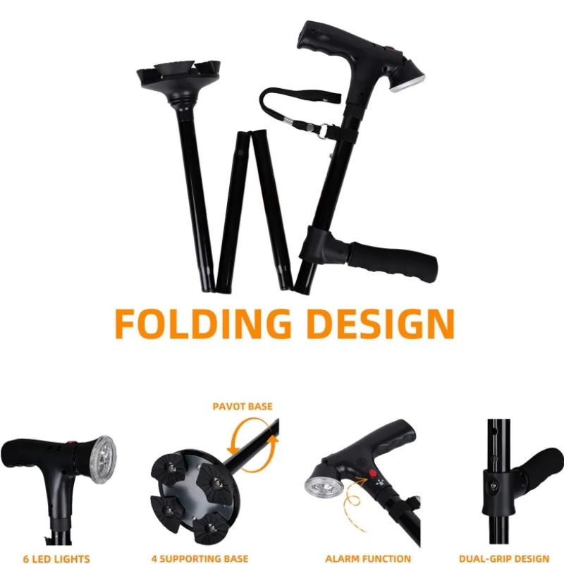 Folding Elderly Walking Stick With Buffered T Handle And Pivoting Quad Base Walking Stick Cane With LED Light And Alarm 4