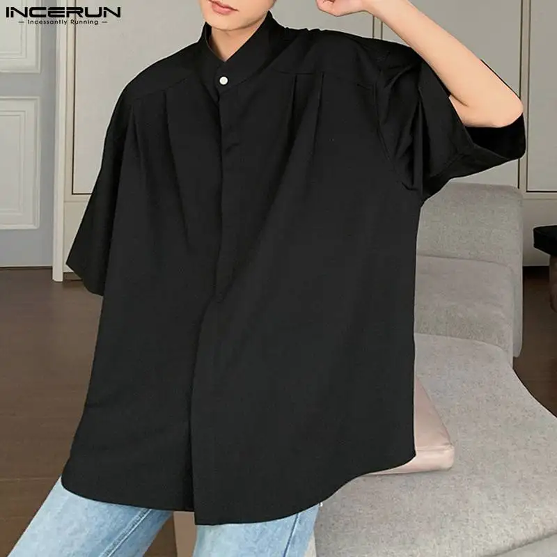 

Stylish Hot Selling Tops INCERUN New Men's Loose Simple Shirts Casual Streetwear Solid All-match Male Short Sleeved Blouse S-5XL