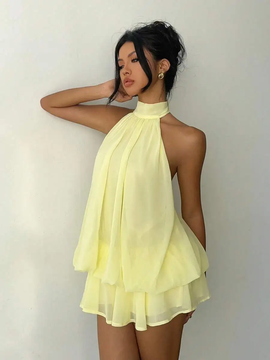 Elegante Abito Mini Estivo da Donna in Chiffon Giallo Burro con Collo Halter e Laccetti - immagine 5