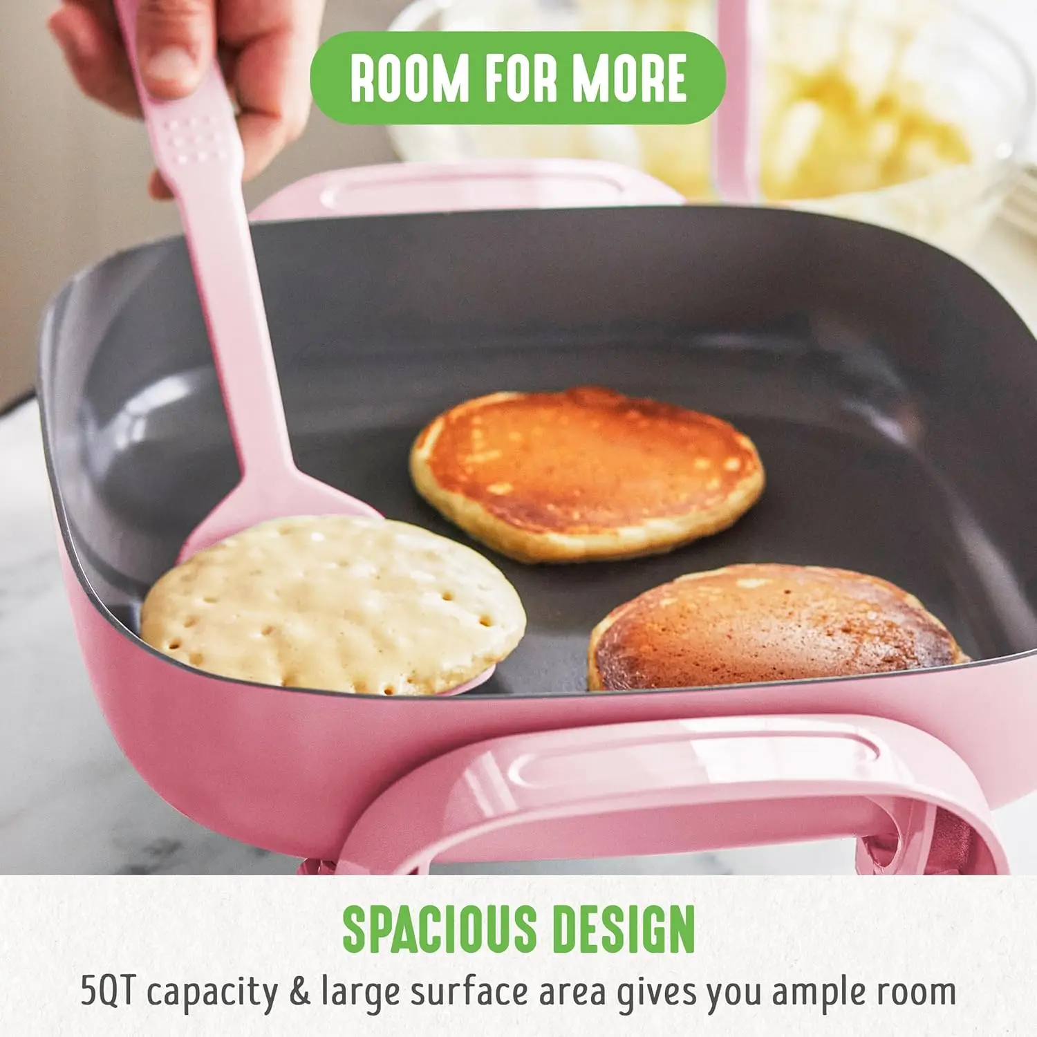 12" 5QT Square Electric Skillet, Adjustable Temperature Control, Cool Touch Handles, Quick Even Heating, Scratch Resistant, Pink