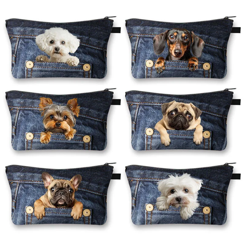 Funny Pocket Dog Cosmetic Cases Pet Dachshund Bulldog Yorkshire Dogs Women Makeup Bag Zipper Pouch Lipstick Small Pouch Gift