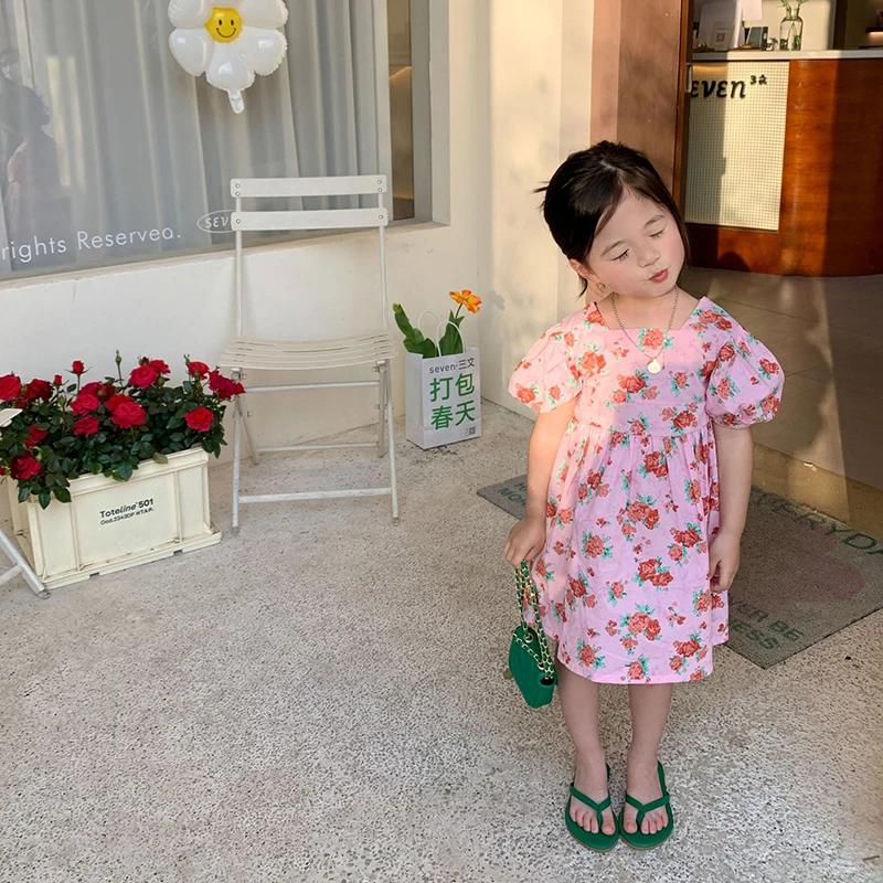 MILANCEL 2022 Summer Girls Dress Children Floral Pink Outwear Clothes Square Neck Puff Sleeve couple matching outfits for photoshoot