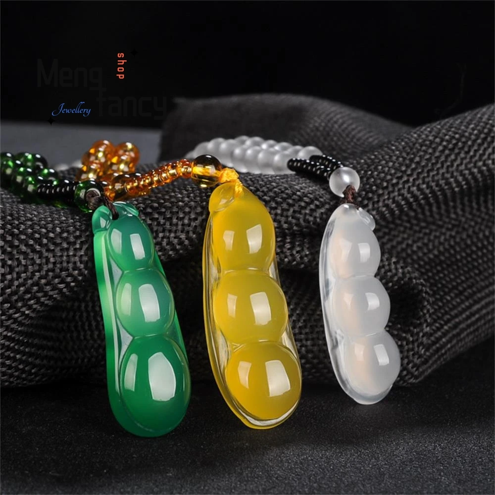 

Natural Ice Chalcedony Blessed Beans Pendant Engraver Fashion Charms Amulet Fine Jewelry Women Men Necklace Couple Holiday Gifts