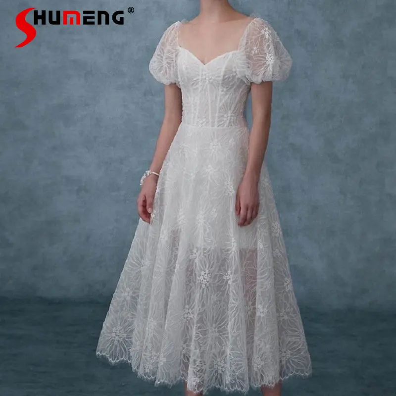 

Elegant Ladies Lace Short Puff Sleeve Hollow White Maxi Dress Women 2023 Spring and Summer New French White Long Dresses Weding