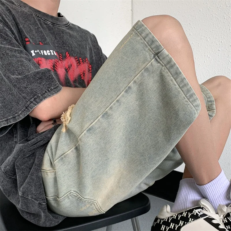 Men Jeans Shorts Ripped Summer Japanese Hip Hop Streetwear Harajuku Denim Bermuda