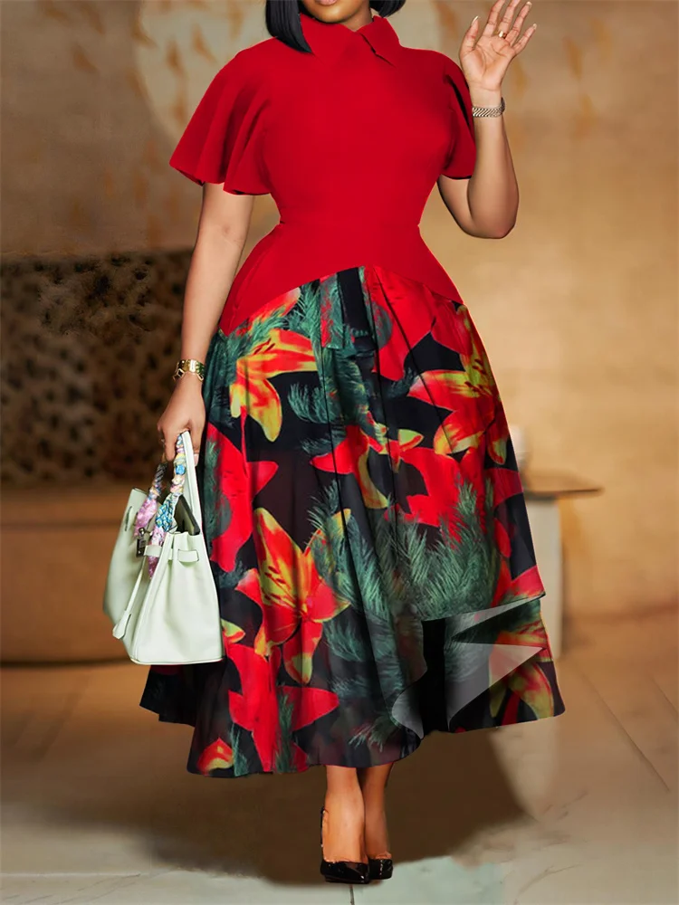Wmstar Plus Size Dresses for Women Wholesale Patchwork Print Lapel Leaf Sleeve Dress Large Skirt African Dress Dropshopping