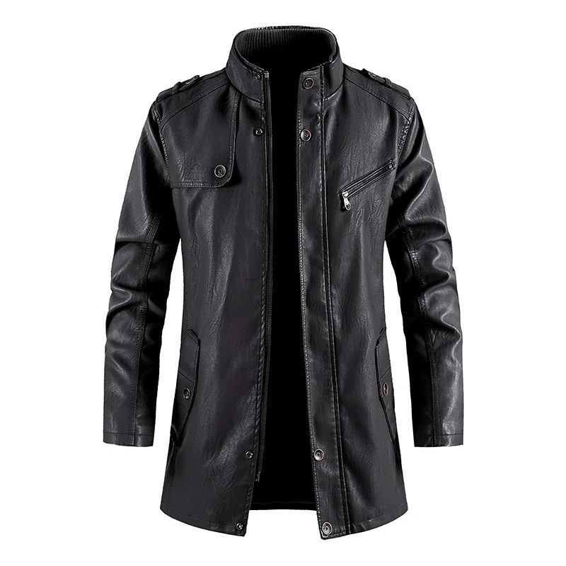 New Men's Leather Jacket Autumn/winter Motorcycle Slim Fit PU Long Leather Coat Bicycle Stand Collar Fashionable Men's Warm Coat