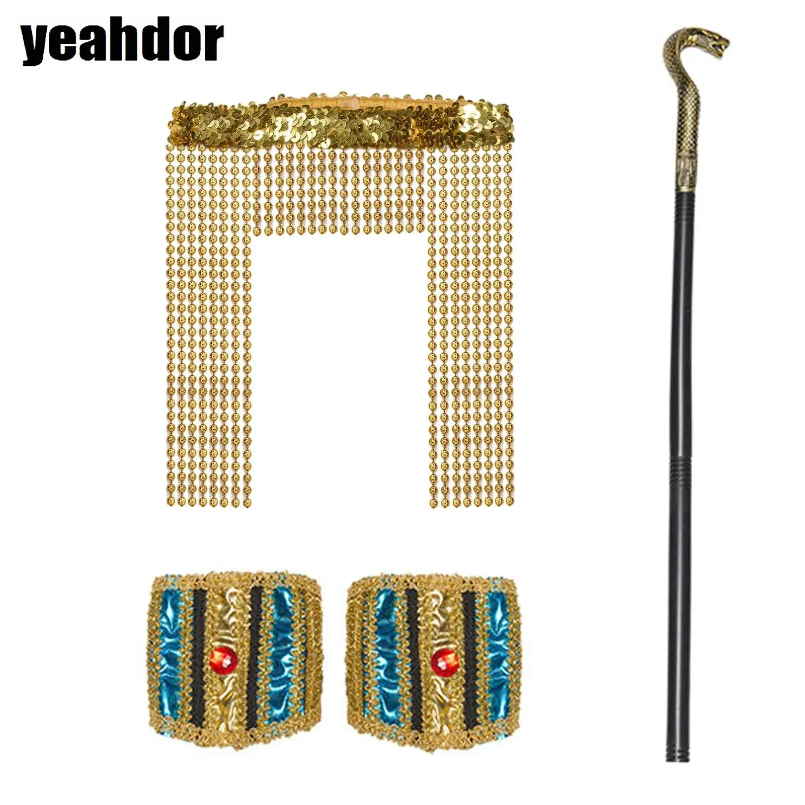 

Halloween Costume Accessories Egyptian Cleopatra Pharaoh Headwear Neck Collar Wristband And Snake Head Scepter Props for Party
