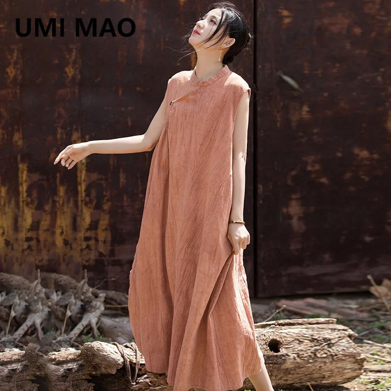 

UMI MAO Summer Thin Dress Linen Cotton Handmade Tie Dyed Chinese Style Original Sleeveless Women's Robe Long Dress