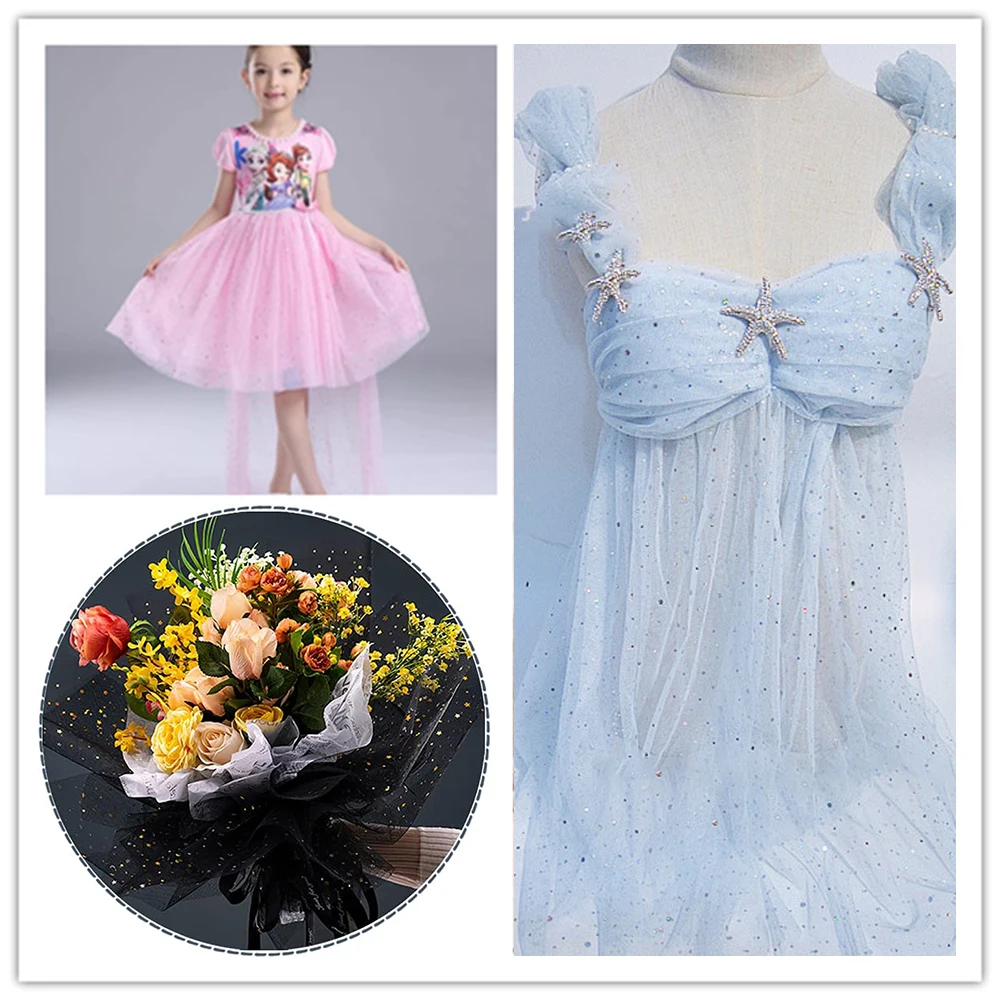 57in x 39in Sequin Mesh Lace Soft Sand Tulle Fabric for Wedding Princess Dress Sewing Gold Dot Yarn Multicolor DIY Decorations