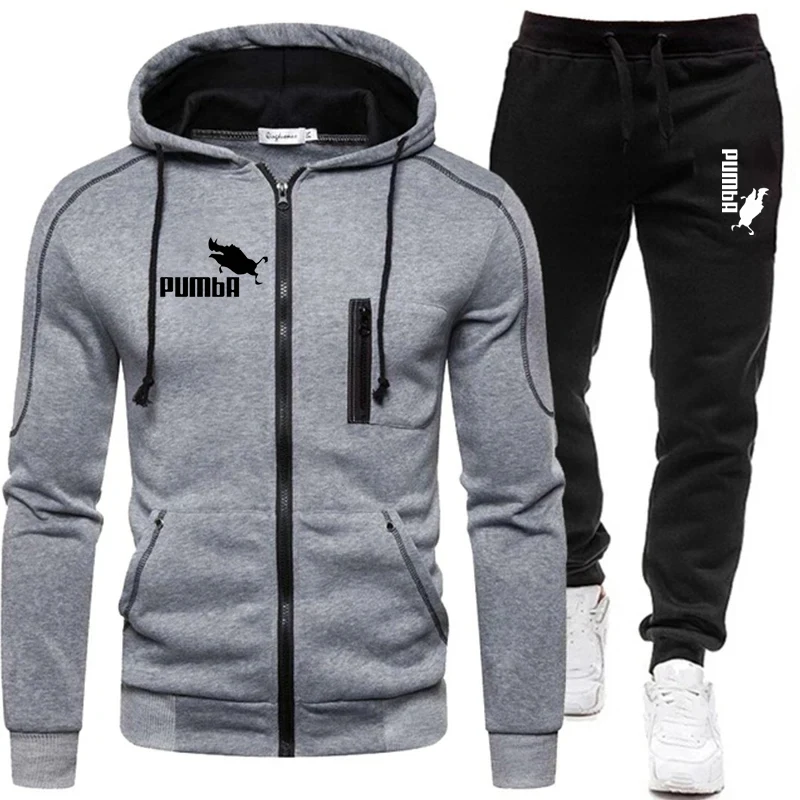 Streetwear Men's Tracksuit Casual Jogging Suit Pumba Printed Outdoor Set Zipper Hoodies + Black Sweatpant 2Pcs M-3XL