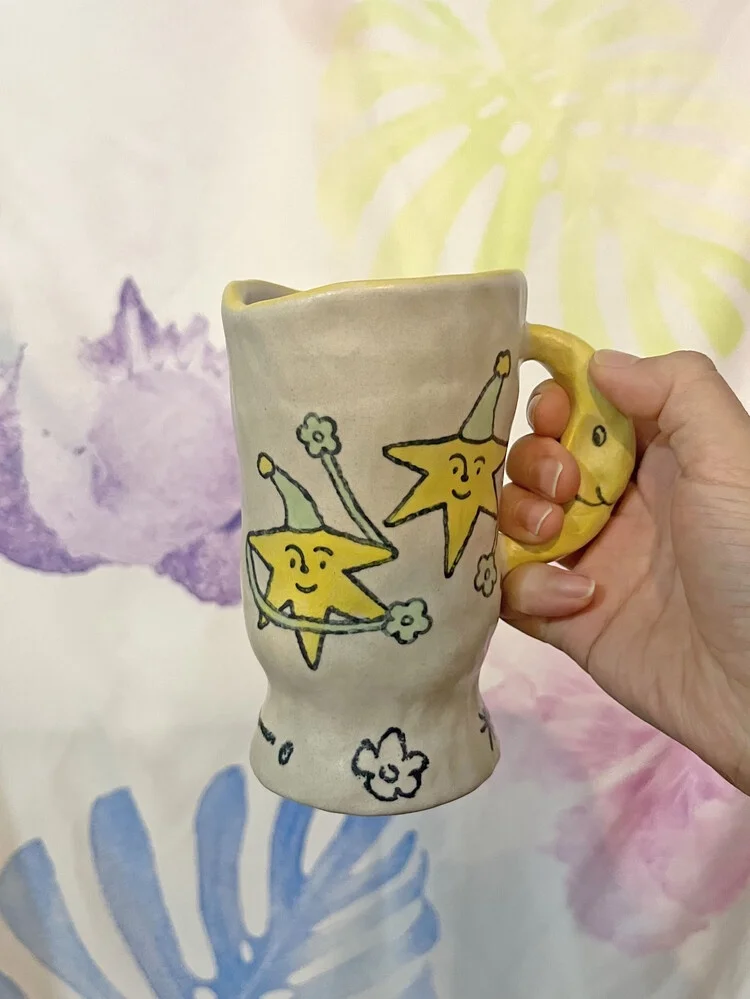 

Korean Xiaozhong Handmade Cup Moon Handle Good Night Star Ceramic Water Cup Coffee Cup Home Tea Cup