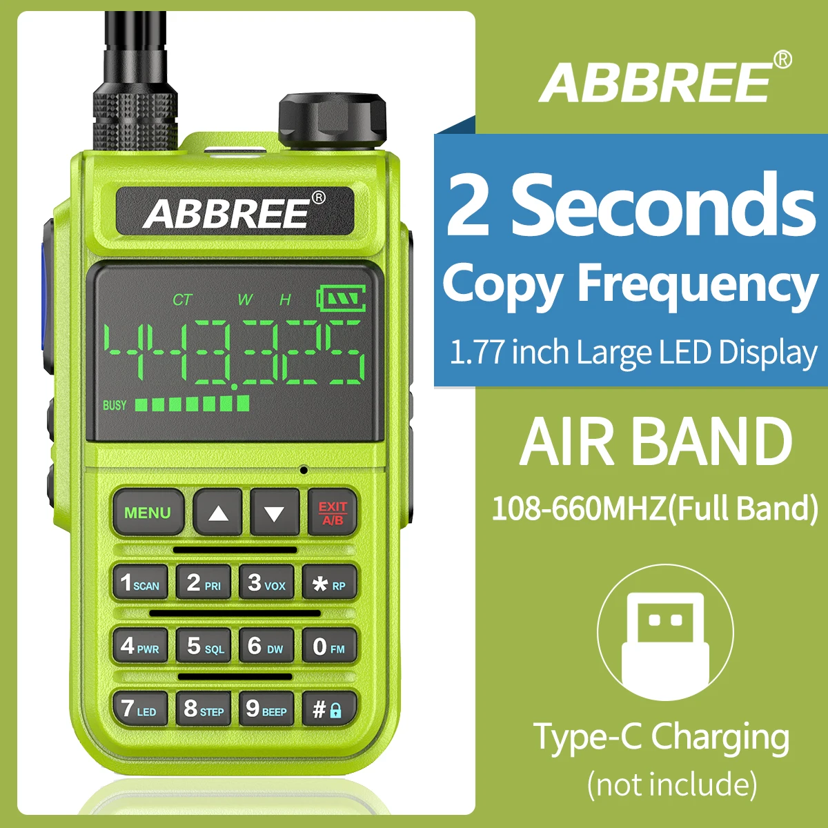 ABBREE AR-518 Air Band 108-660MHz Full band Wireless Copy frequency 1.77 Built-in display Amateur Ham Two Way Radio Walkie Talki |