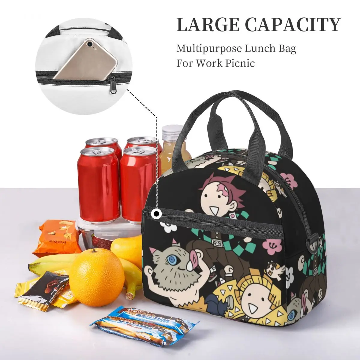 Kimetsu No Yaiba Demon Slayer Lunch Bags Insulated Bento Box Lunch Tote Picnic Bags Cooler Thermal Bag for Woman Student Office
