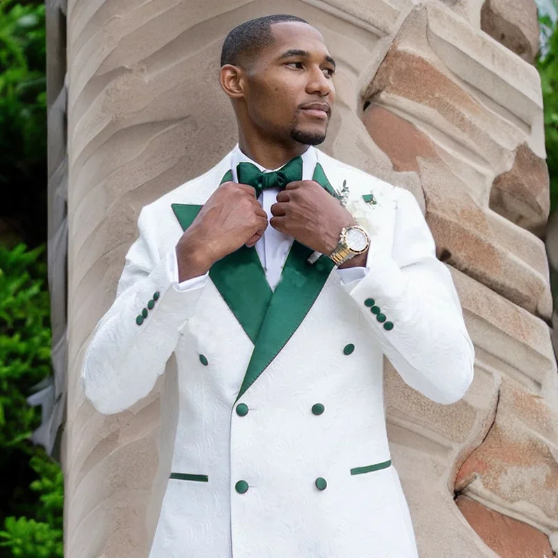 Jacquard Suits for Men Slim Fit Green Satin Lapel Wedding Tuxedo Double Breasted Prom Latest Jacket Pant Designs