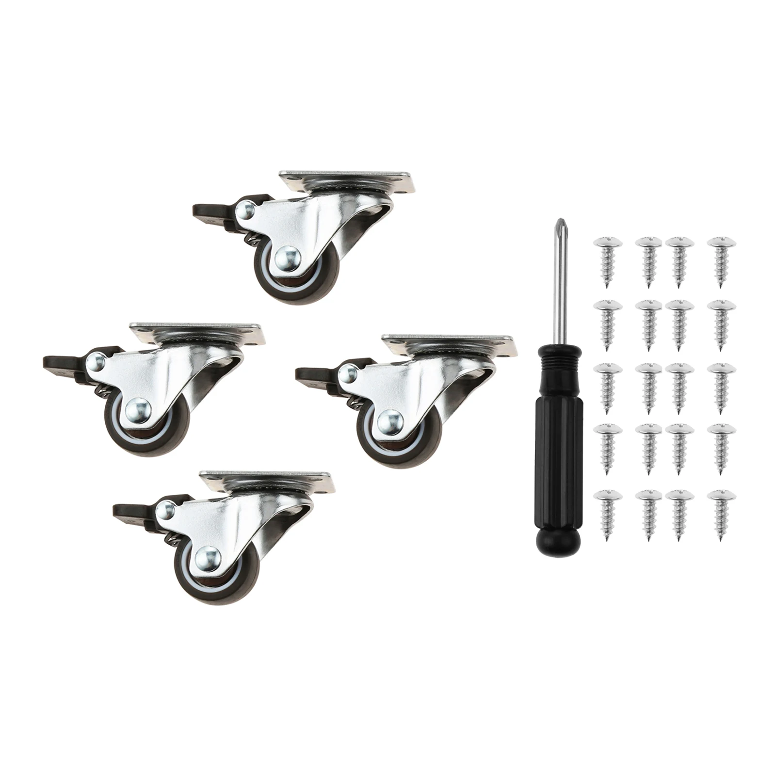 

4pcs 1" Swivel Casters with Brake Locking Plate Wheel with Screws Screwdriver Non-skid Non-noise 360 Degree Rotate Chair Baggage