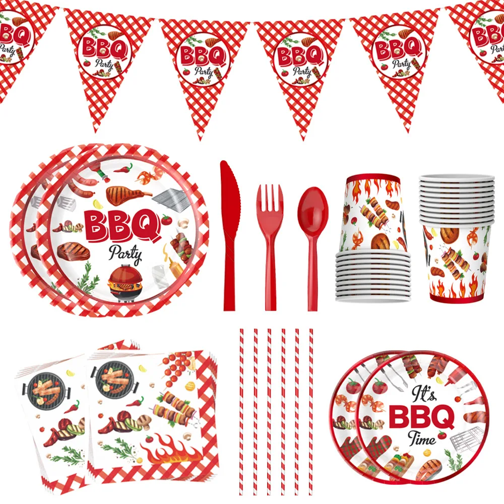 

1Set BBQ Outdoor Barbecue Birthday theme Party Disposable plate set Paper plate paper cup knife and fork