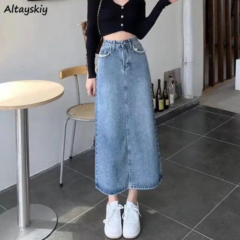 

Женские джинсовые юбки-миди в стиле ретро с разрезом, новая популярная трапециевидная юбка в Корейском стиле, изящная женская универсальная простая и модная пикантная