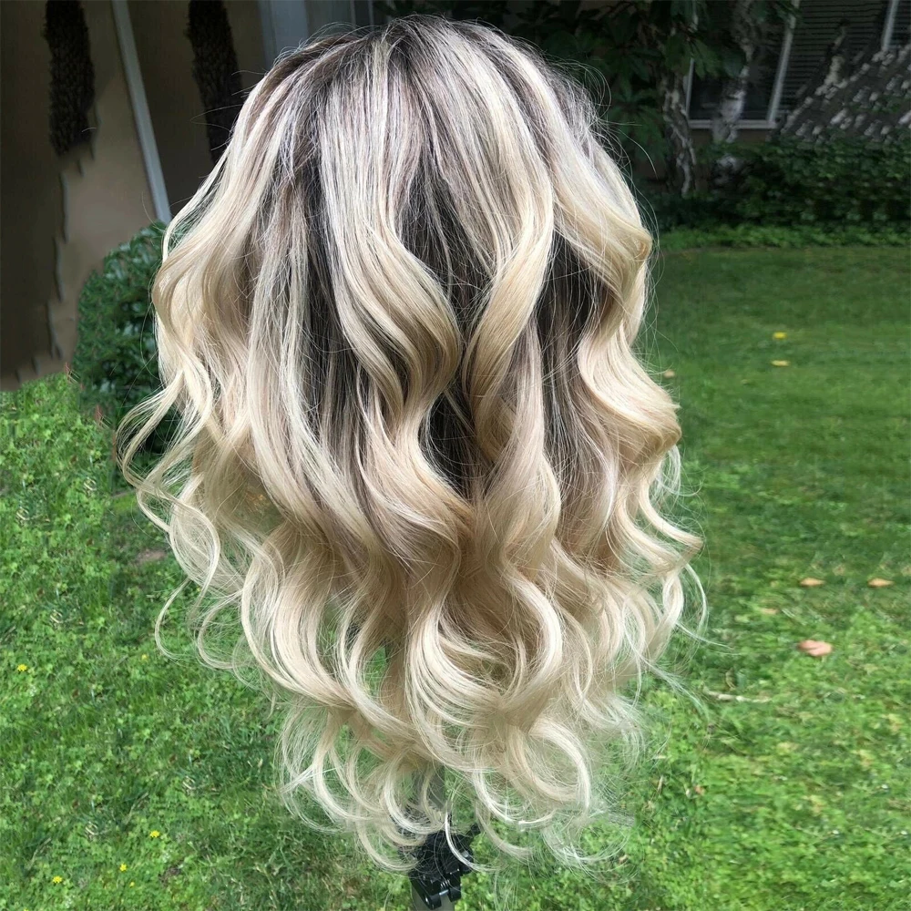 Light Blonde Balayage Highlight Full Lace Wigs Brown Roots 100% Human Hair Loose Wave Women Wig Swiss HD13x4 Lace Front Wig 180%