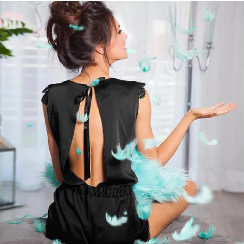 Women's Clothing Simulation Silk One-Piece Suit Hollow Back Sexy Charm Erotic Short-Sleeved Lingerie Comfortable Pajama Homewear