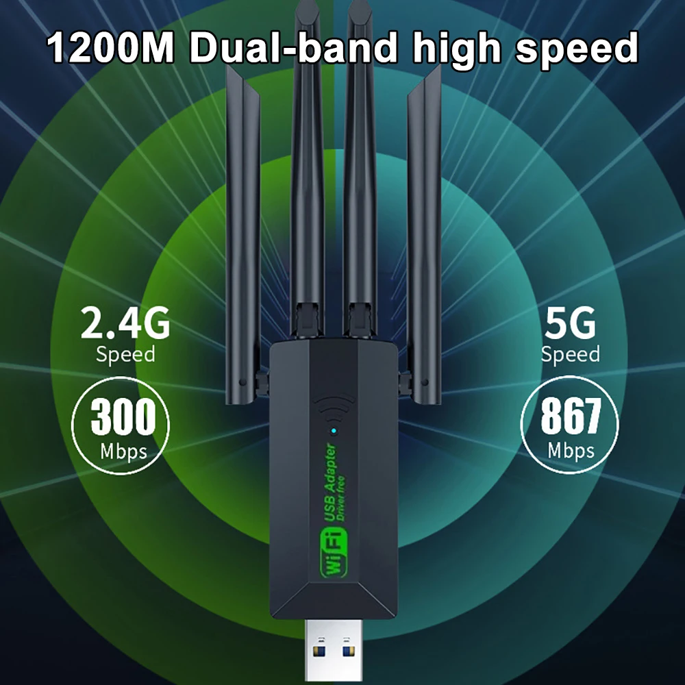 USB 3.0 WiFi 6 어댑터 802.11AX 4 안테나 1200Mbps 듀얼 밴드 2.4G 5G 무선 네트워크 카드(Windows 10 11용)
