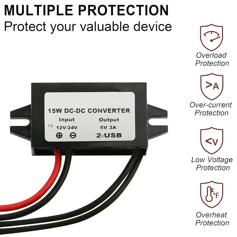 12V/24V to 5V 3A Power Adapter Converter DC-DC Step Down Module USB-A Female/Type C/dual USB/open Wire Connector Waterproof CE - Image 2