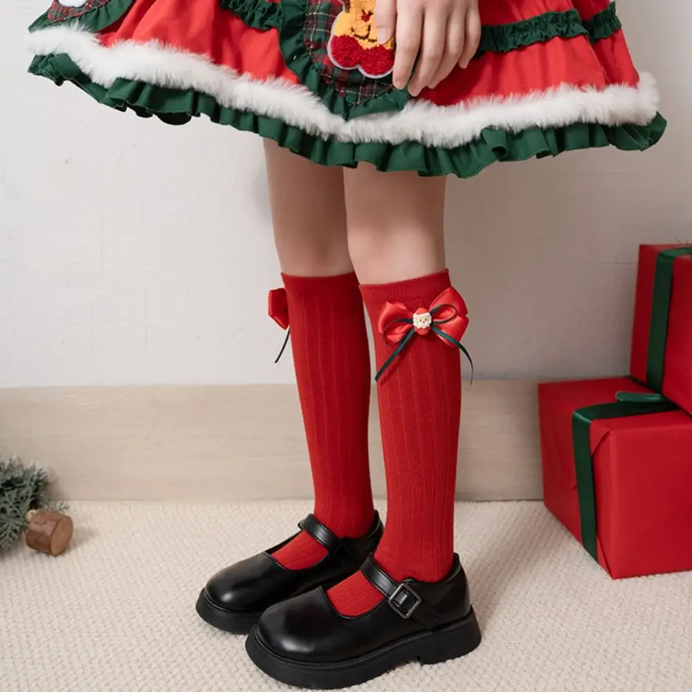 Casual Middle Tube New Year Red Socks Cotton Thicken Bow Hosiery for Kids Green Sweet Children Long Socks Autumn