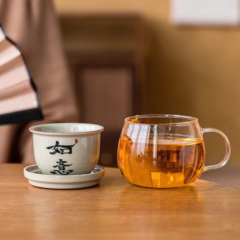 Creative Ceramic Hand Drawn Handwritten Text Cup, Household Office Items Porcelain Filtered Tea Water Separation, Glass Mug, 1Pc