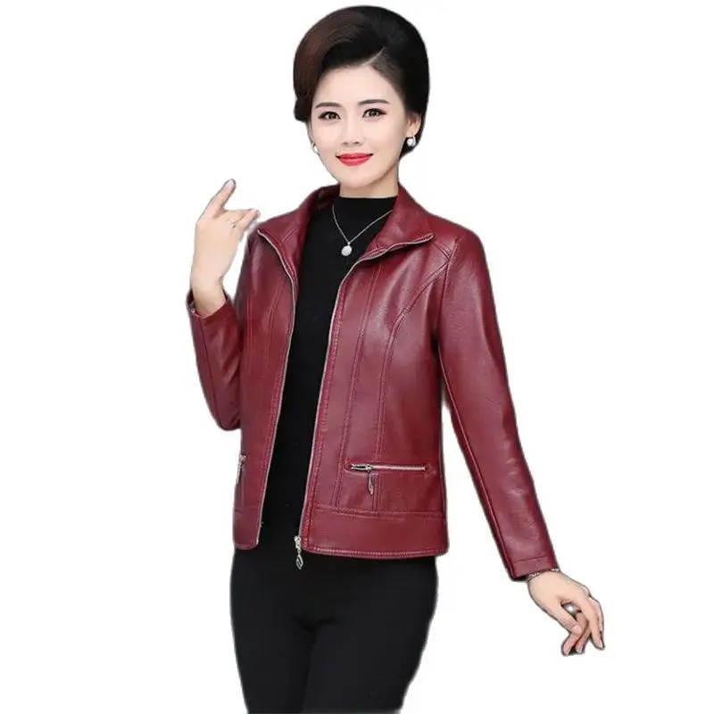 Fashion Elderly Women\'s Leather Clothes 6XL Big Size Women\'s PU Pi Jacket New Spring Autumn Casual Jackets Female Outerwear Tops