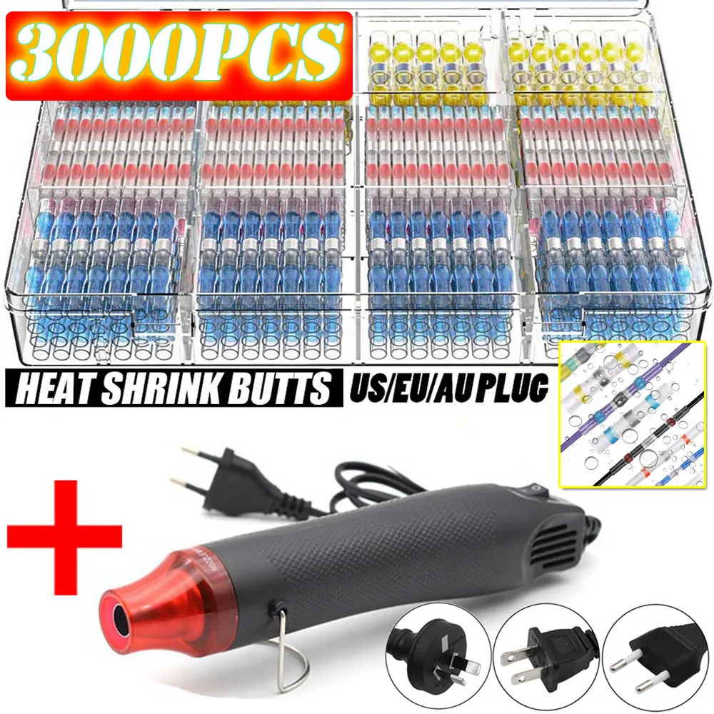 

100/800PCS Solder Seal Wire Connectors Heat Shrink Solder Butt Connectors Kit Automotive Marine Insulated with 300W Hot Air Gun