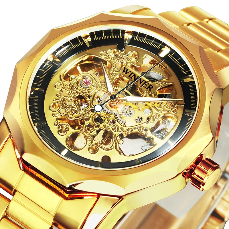 Luxury Gold Skeleton Automatic Men's Watch with Stainless Steel Strap