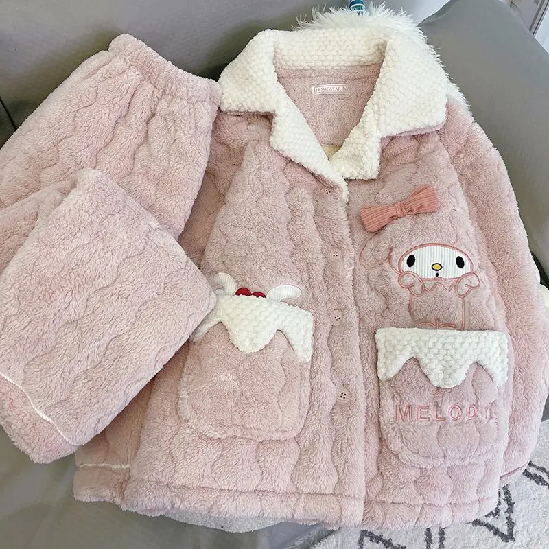 

Sanrio My melody coral velvet three-layer quilted women's winter cotton jacket long-sleeved thickened flannel warm home clothing