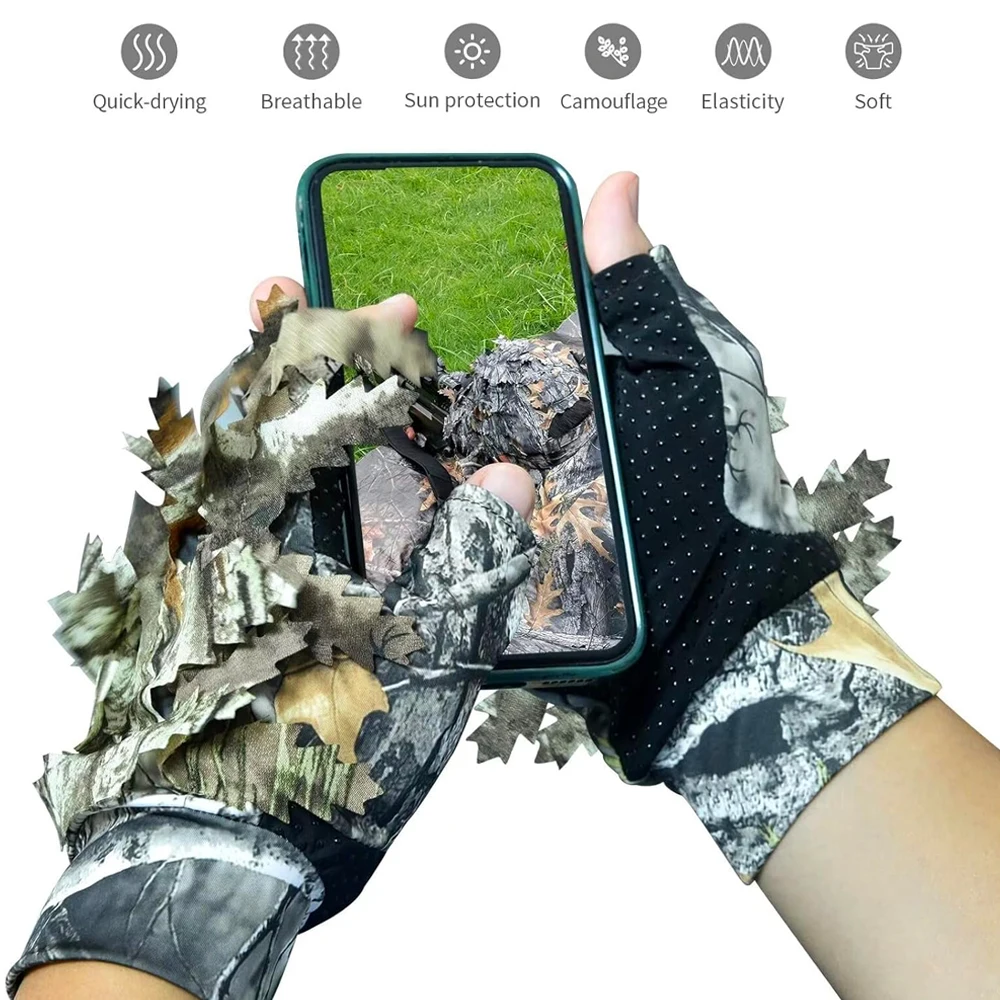 Camouflage Hunting Gloves 3D Leafy Camo Ghillie Gloves Non-Slip Fingerless Bionic for Outdoor Hunting Fishing Photography