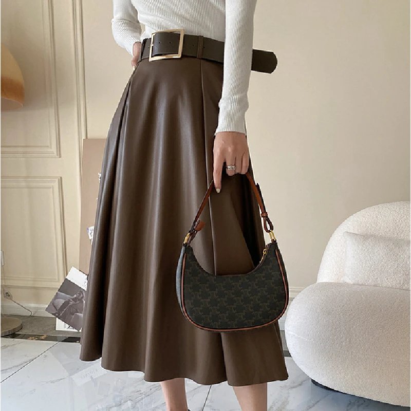 crop top and skirt Women High Waist Skirt Solid Elegant Streetwear Pu Leather A-Line Skirt Ladies Harajuku Casual Vintage Zipper Skirts Female ruffle skirt Skirts