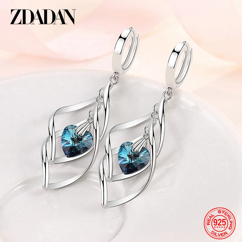 ZDADAN 925 Sterling Silver Blue Crystal Necklace Earring Set For Women Fashion Wedding Jewelry Party Gift 3