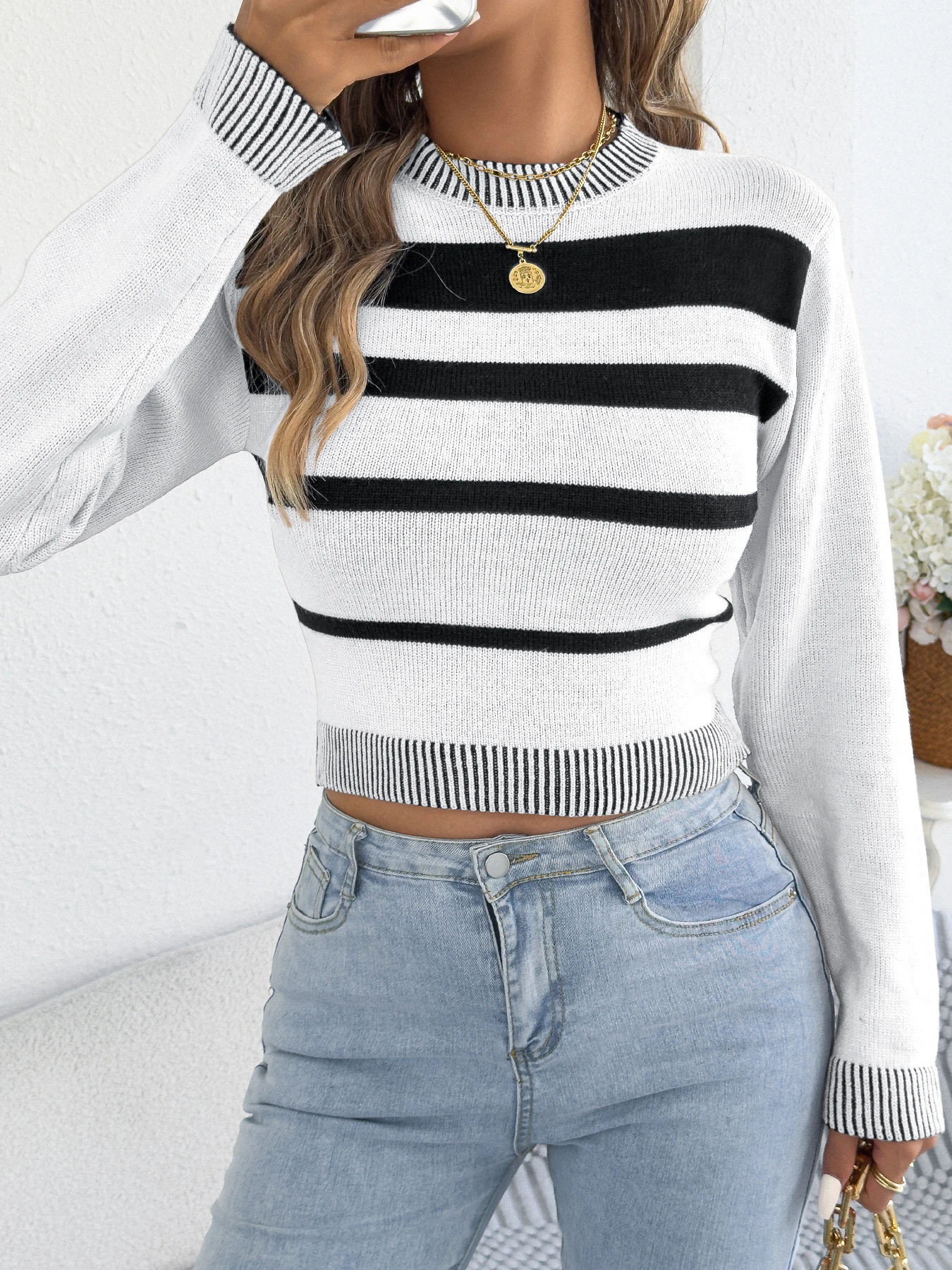 Women Color Block Knitted Sweater Autumn Winter