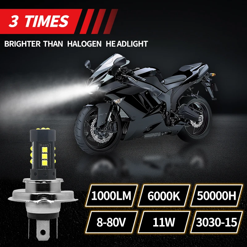 1Pc H4 Led Moto Light Motorcycle Headlight Bulbs 15Smd Hi Lo Lamp Scooter Accessories White Fog Lights 12V 80V