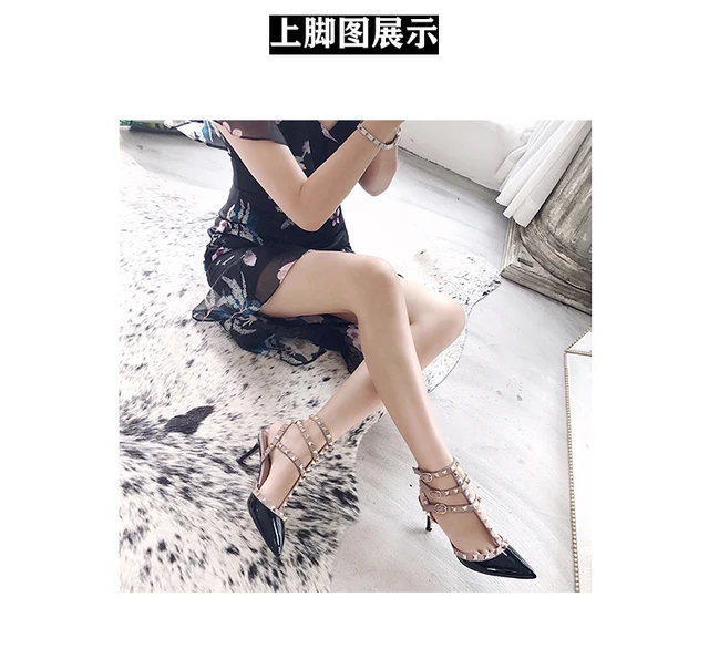 Real Leather Ankle Luxury Rivet High Heeled Shoes New Women's Pumps Pointed Versatile Sexy Prom Women's Sandals 33