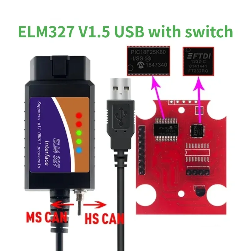 Chip Ftdi Usb Elm327 V1.5 Con Interruttore Ch340 + 25 K80 Chip Obdii Migliorato Per Lettore Di Codici Automatico Strumento Diagnostico Obd2 On-Com