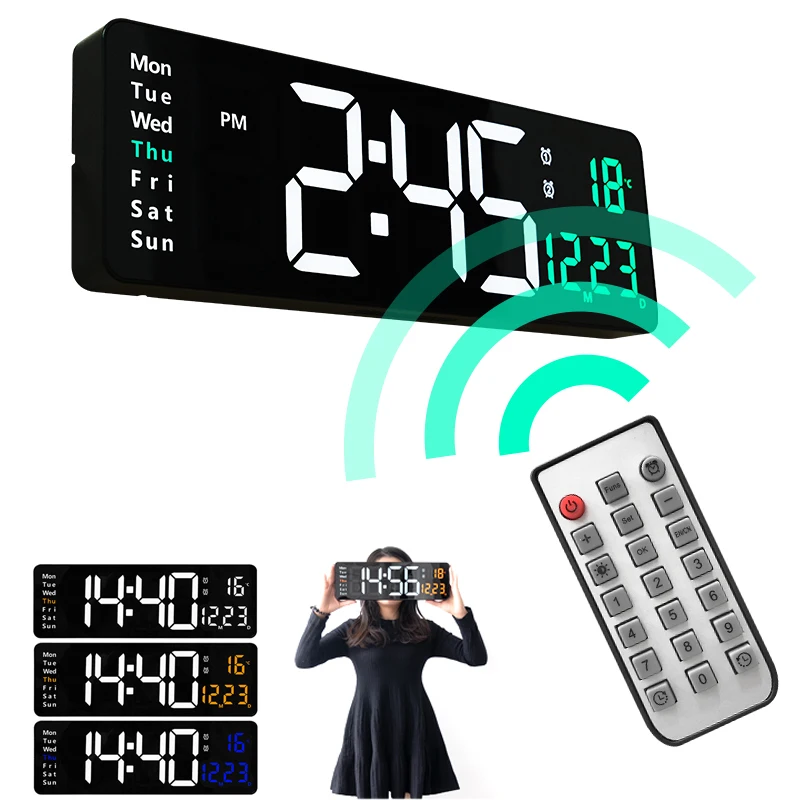 

Large LED Digital Wall Clock Wall-mounted Remote Control Temp Date Week Display Power Off Memory Table Clock Dual Alarms Clocks